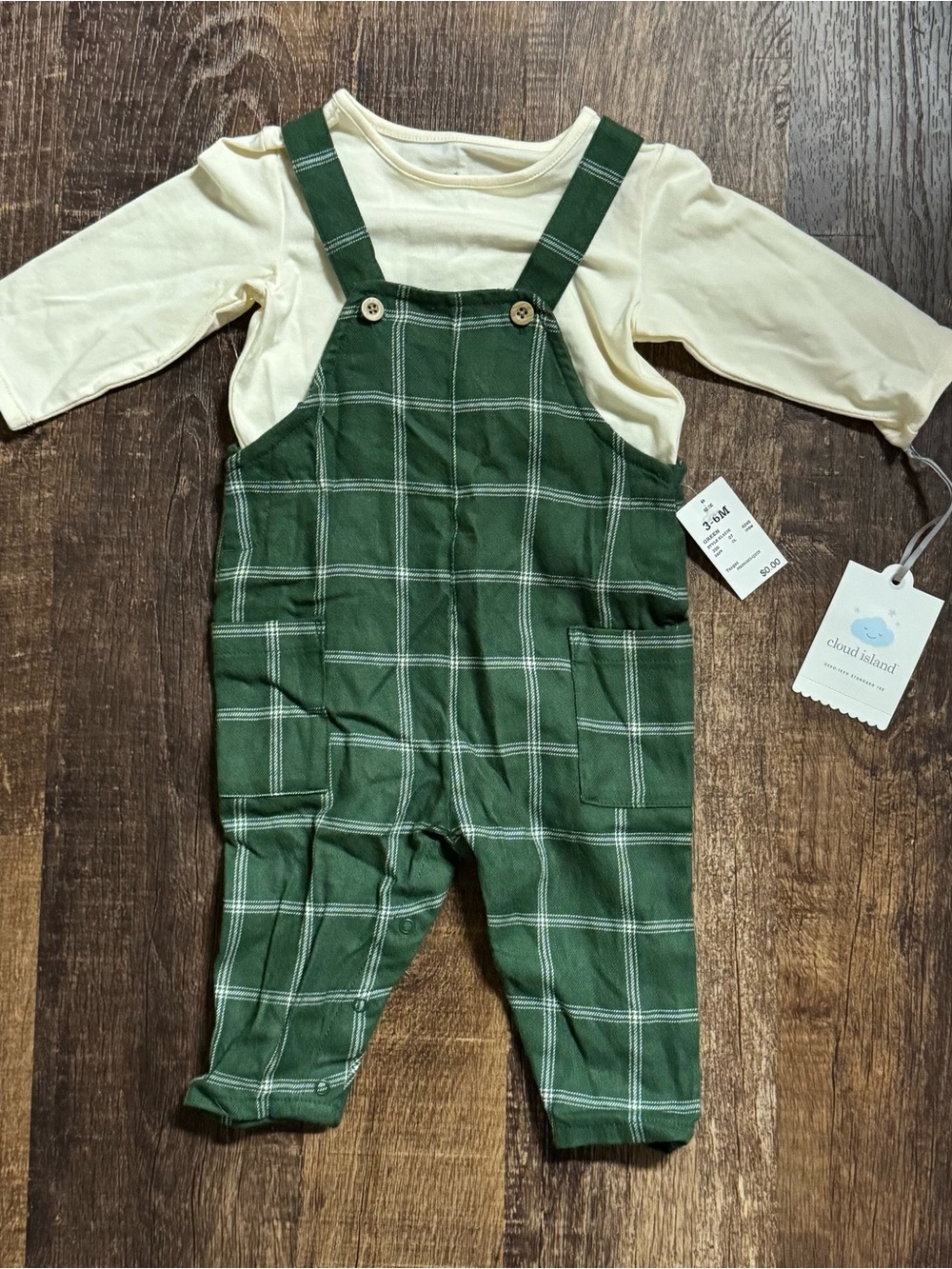 cloud island Green Plaid Overalls with Cream Top